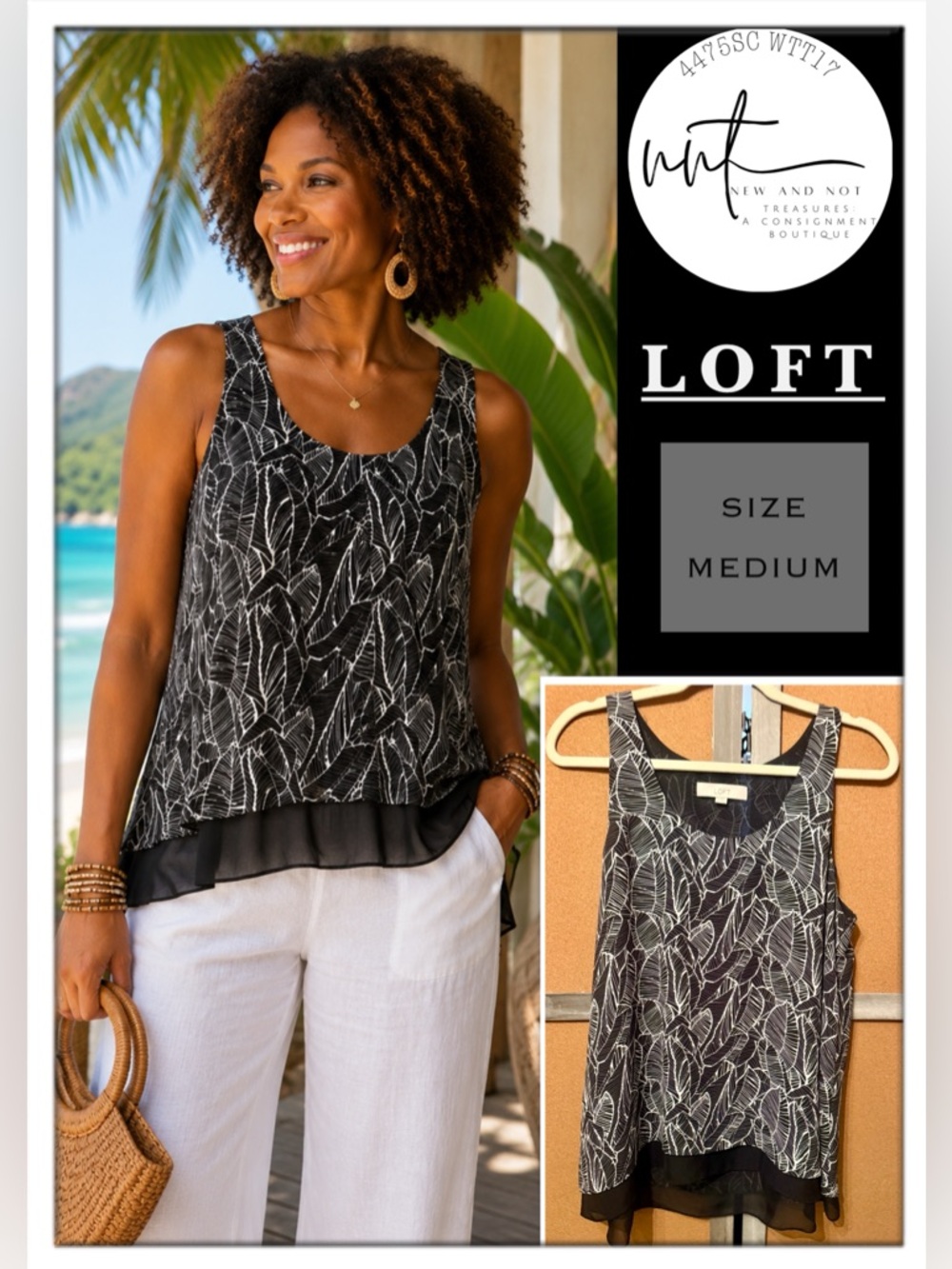 LOFT Medium Black White Leaf Print Layered Chiffon Hem Sleeveless Tank Top